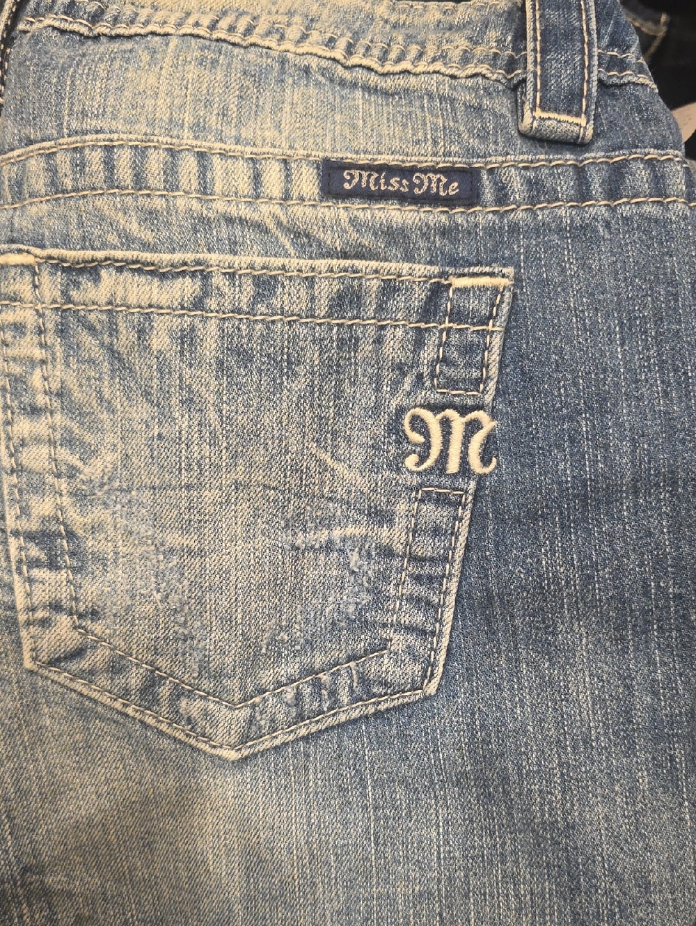 Miss Me Faded Blue Denim Jeans with Embroidered 'M' Accent